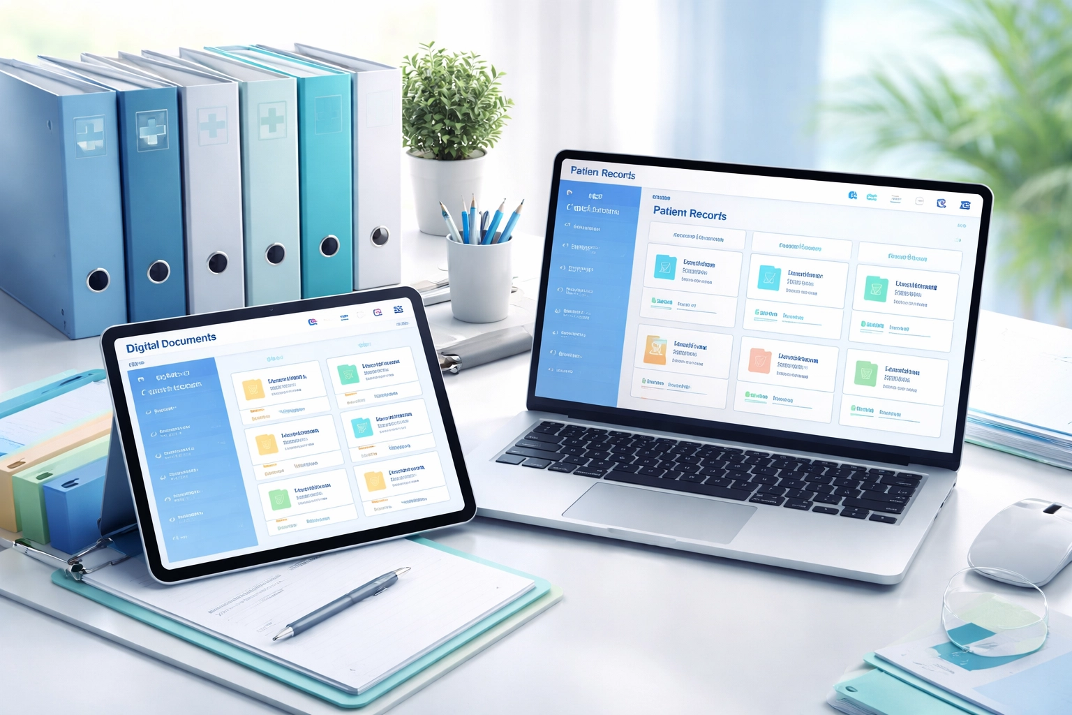 Organized digital documentation system and binders on a healthcare administrator's desk for ASC compliance