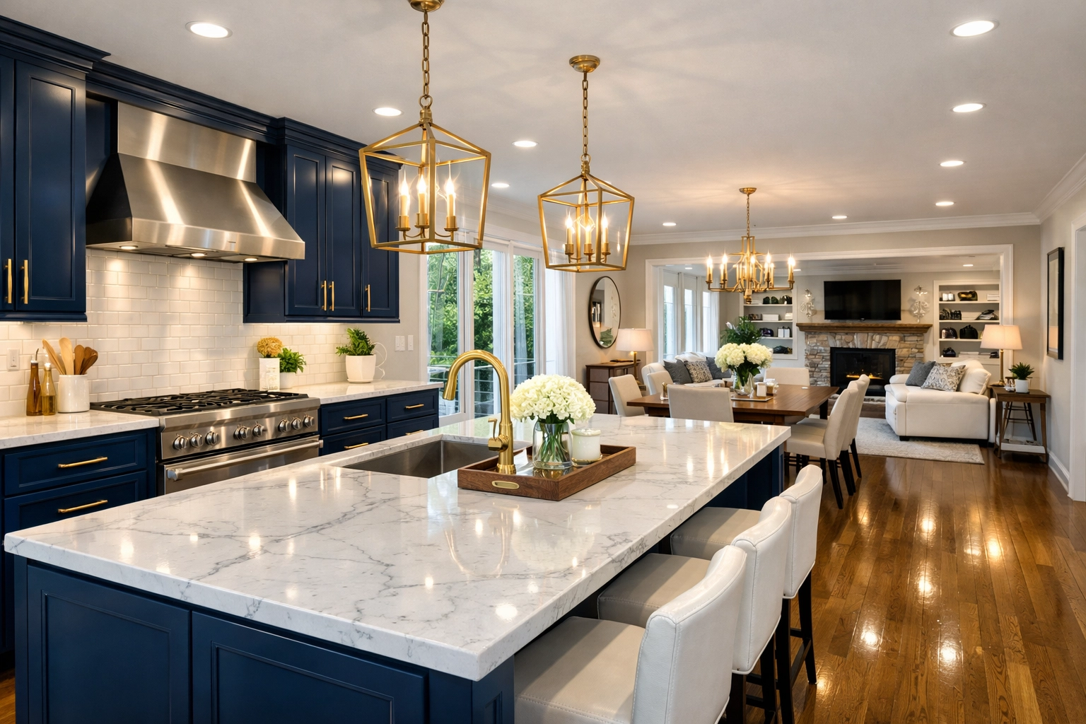 Spotless modern kitchen and dining area showing the results of professional house cleaning Townsend MA.