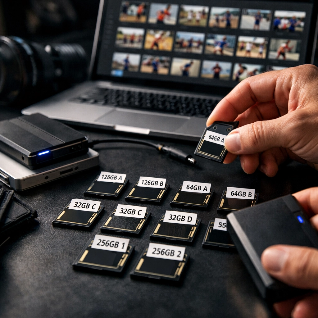 Professional organizing sports media files on storage devices for asset management system