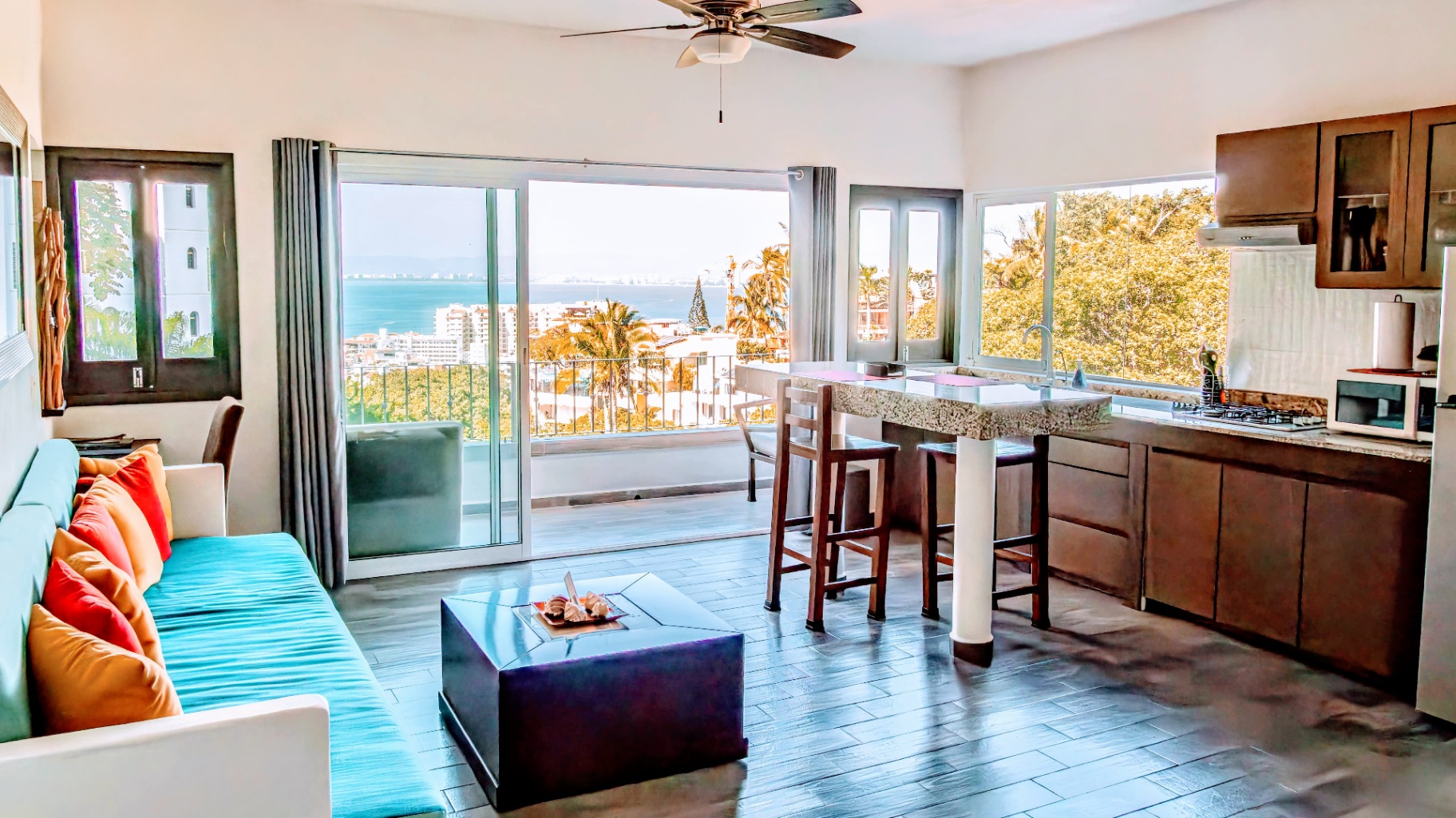Bright, modern condo living area in Puerto Vallarta