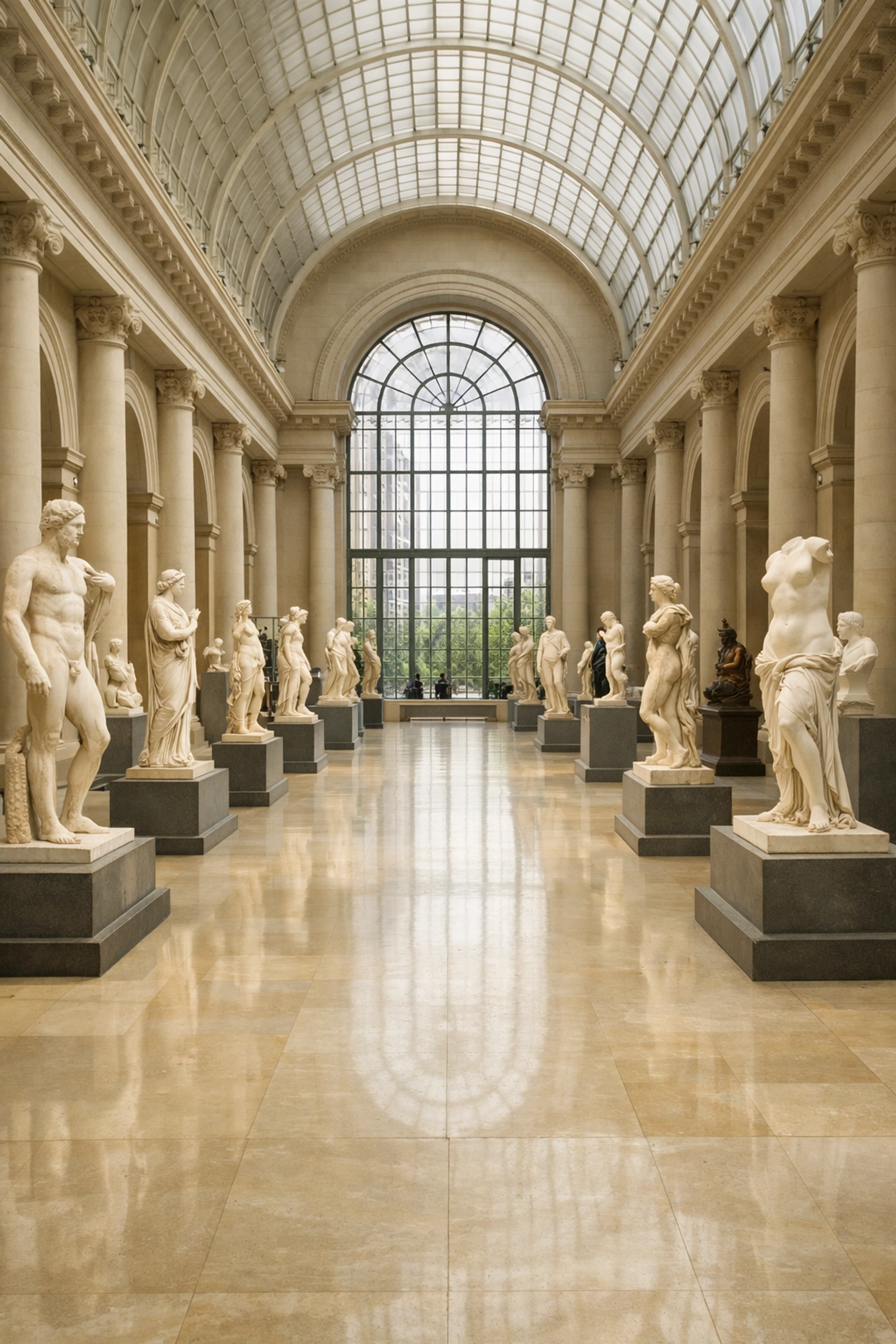 Classical marble sculptures in the Petrie Court, one of the top photo spots for natural light and symmetry.