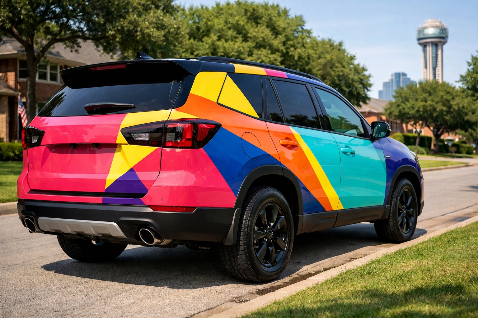 Branded SUV with a high-contrast car wrap design parked in a Dallas neighborhood.