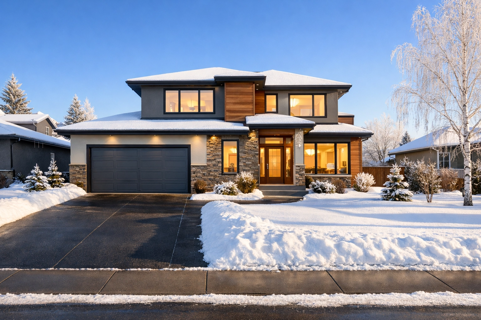 Professionally cleared driveway and sidewalk at a modern Saskatoon house during winter.