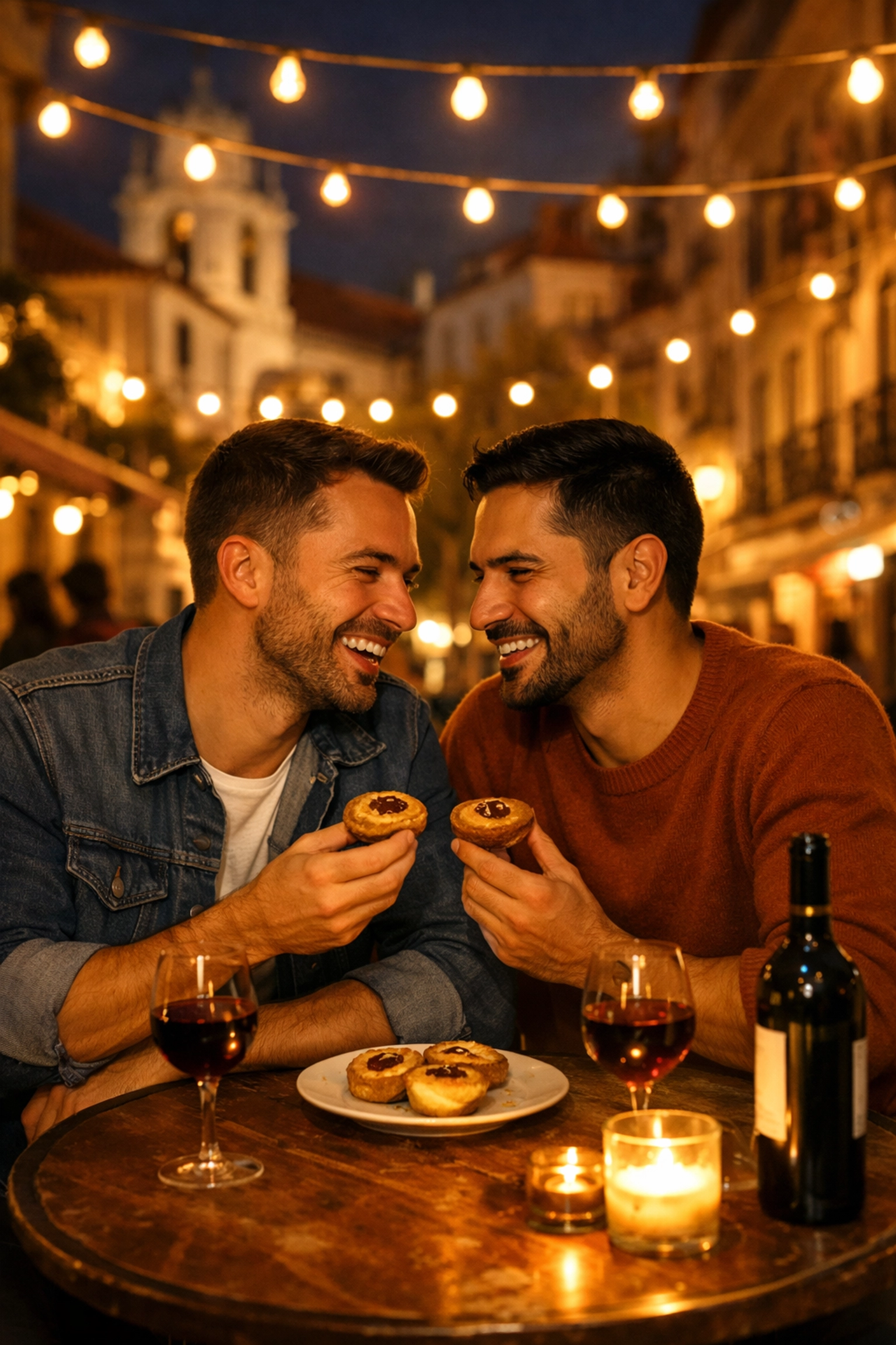 Gay couple sharing pastéis de nata and wine at romantic Lisbon café