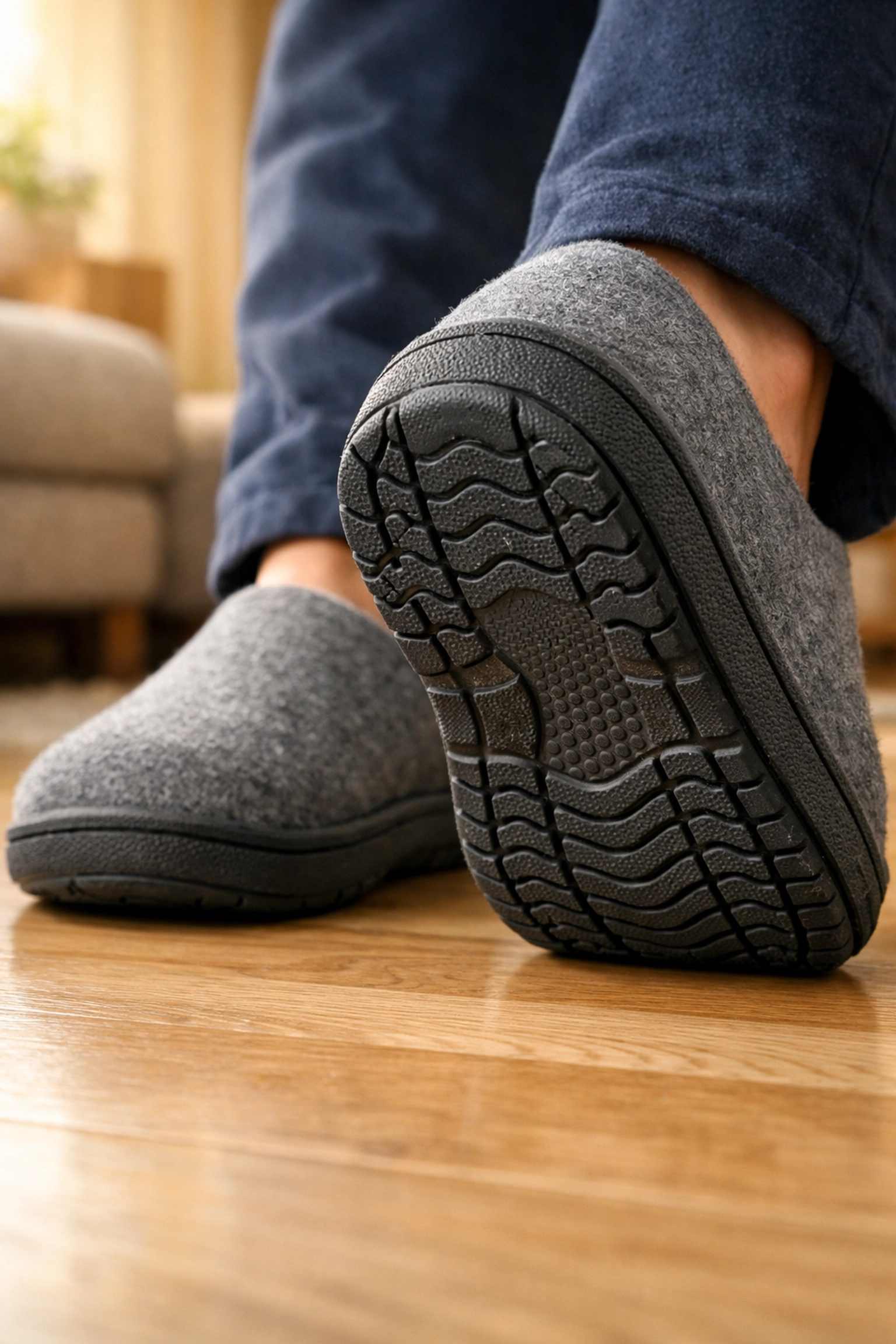 Close-up of supportive non-slip slippers for seniors to provide stability and prevent falling at home.