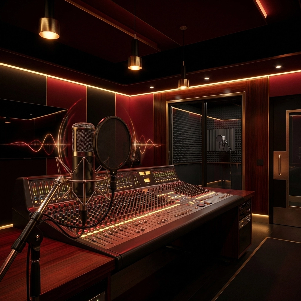 Modern recording studio with a large mixing console and microphone, showcasing professional voice over production setup