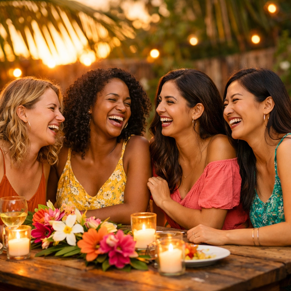 Women laughing at a sunset dinner, building community at a wellness retreat in Cartagena.