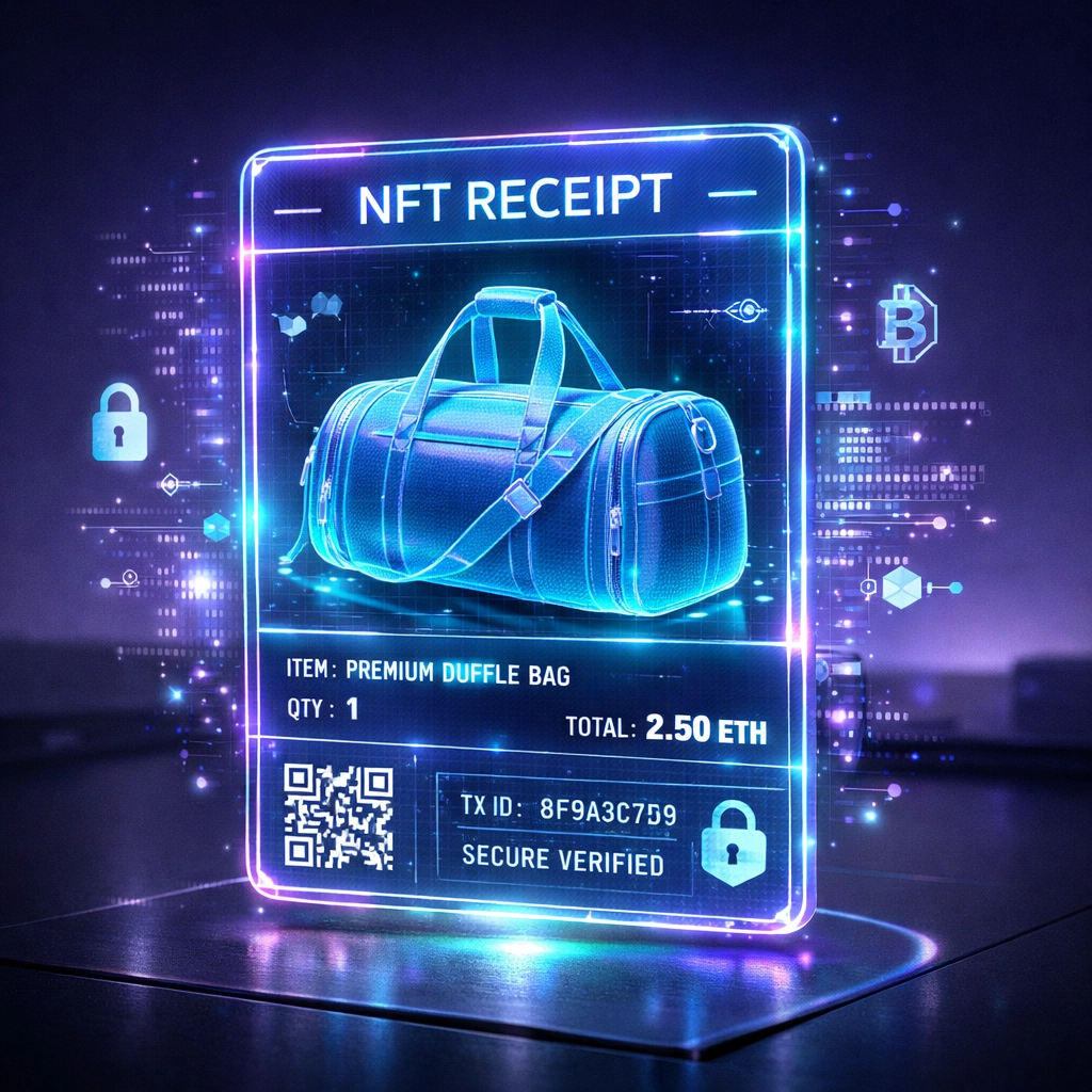 A glowing holographic receipt for a merchant transaction using secure Web3 NFT receipt technology.