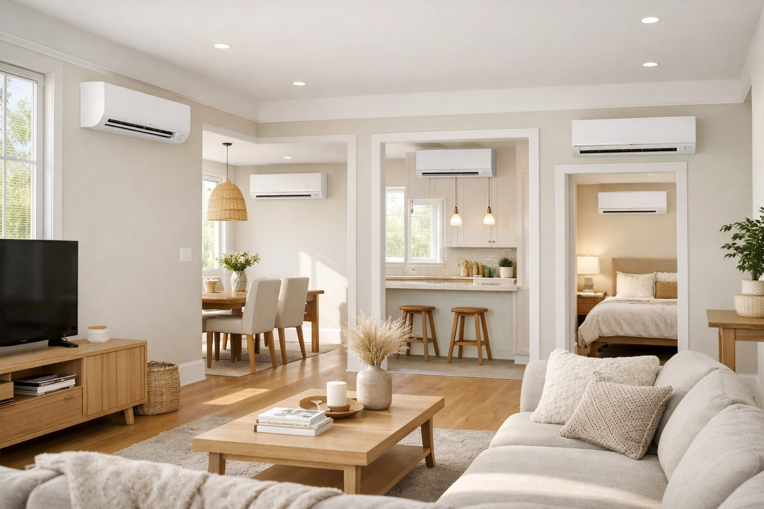 Multi-zone mini split system with indoor heads in modern Maine living room