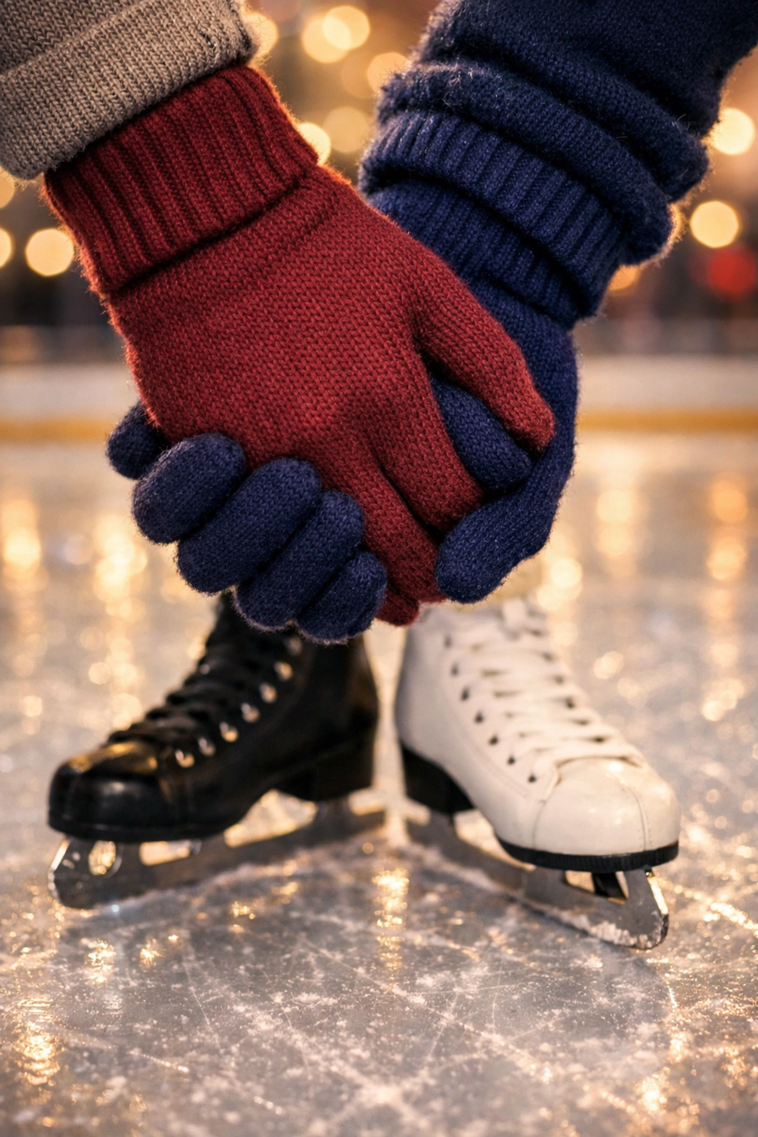 Close-up of gay couple's hands clasped together during romantic ice skating date