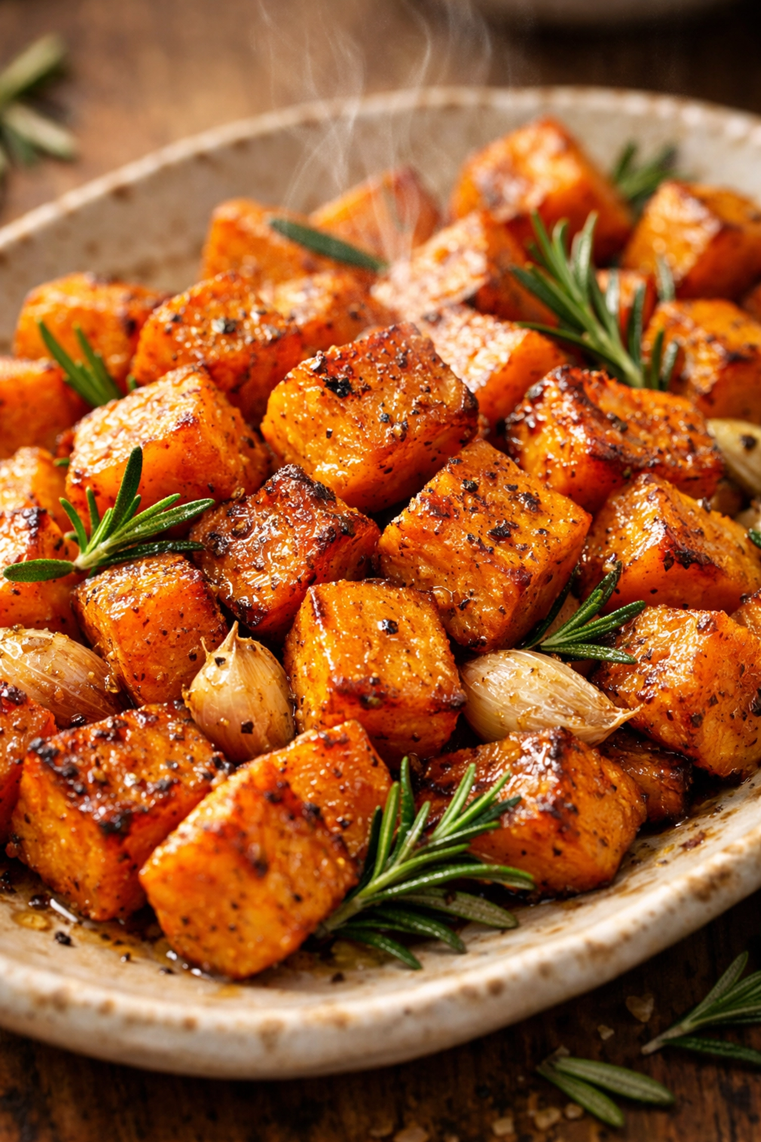 Roasted sweet potato cubes with rosemary and garlic on ceramic platter