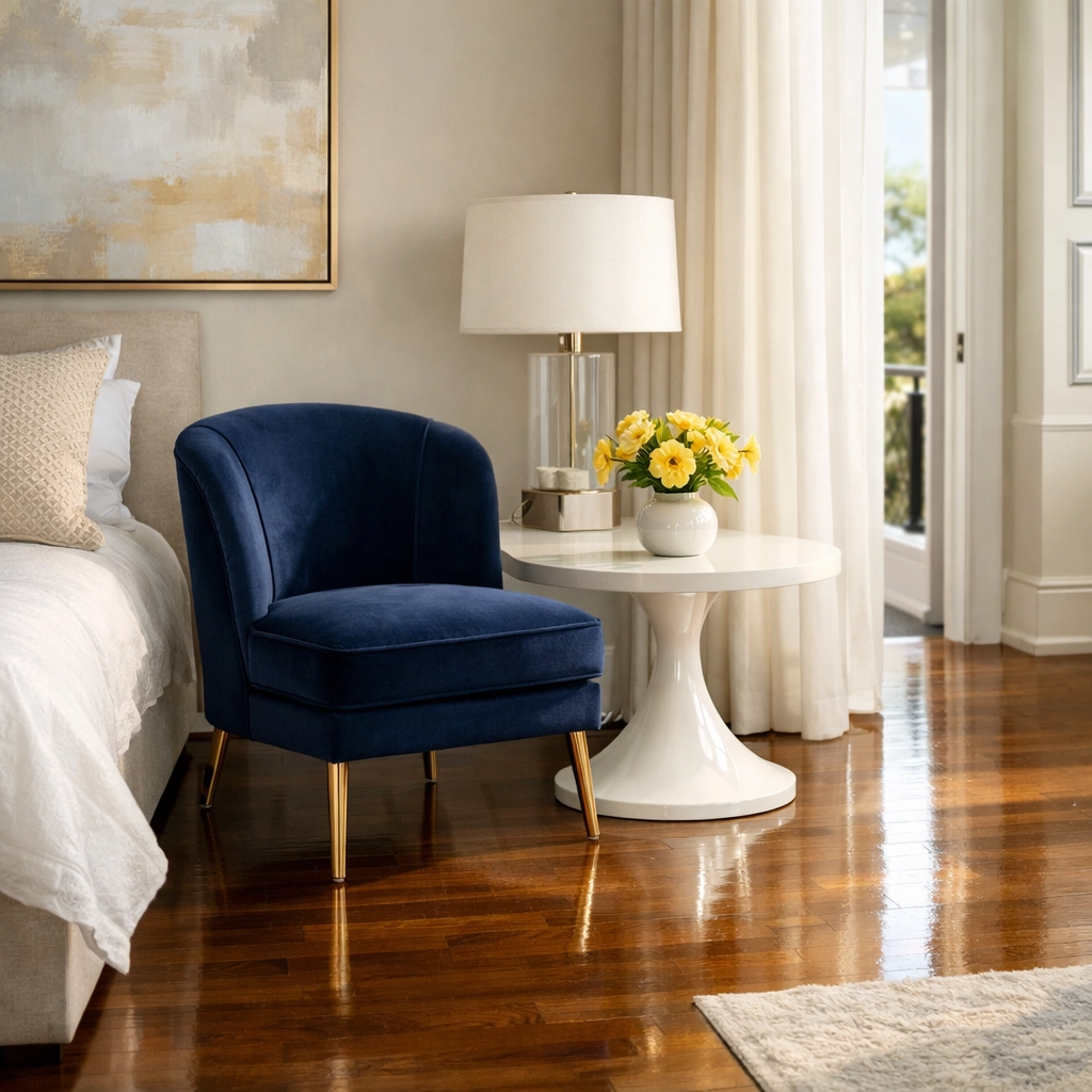 Clean luxury bedroom in Sudbury with polished floors, demonstrating expert estate cleaning services.