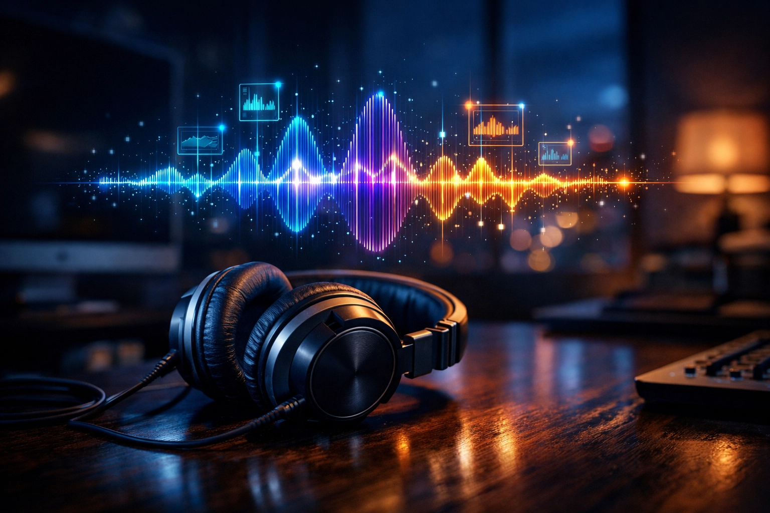 Professional headphones and digital soundwave representing AI analyzing podcast audio for pitching.