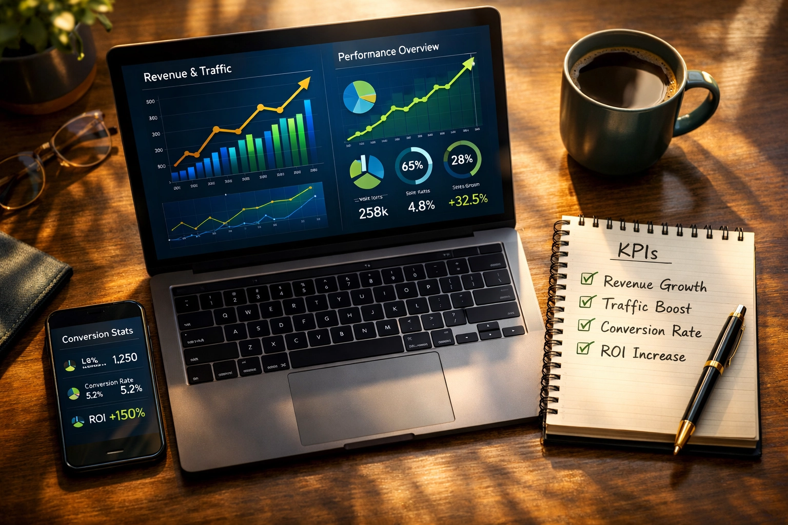 Affiliate program analytics dashboard showing KPIs and conversion metrics on laptop and smartphone