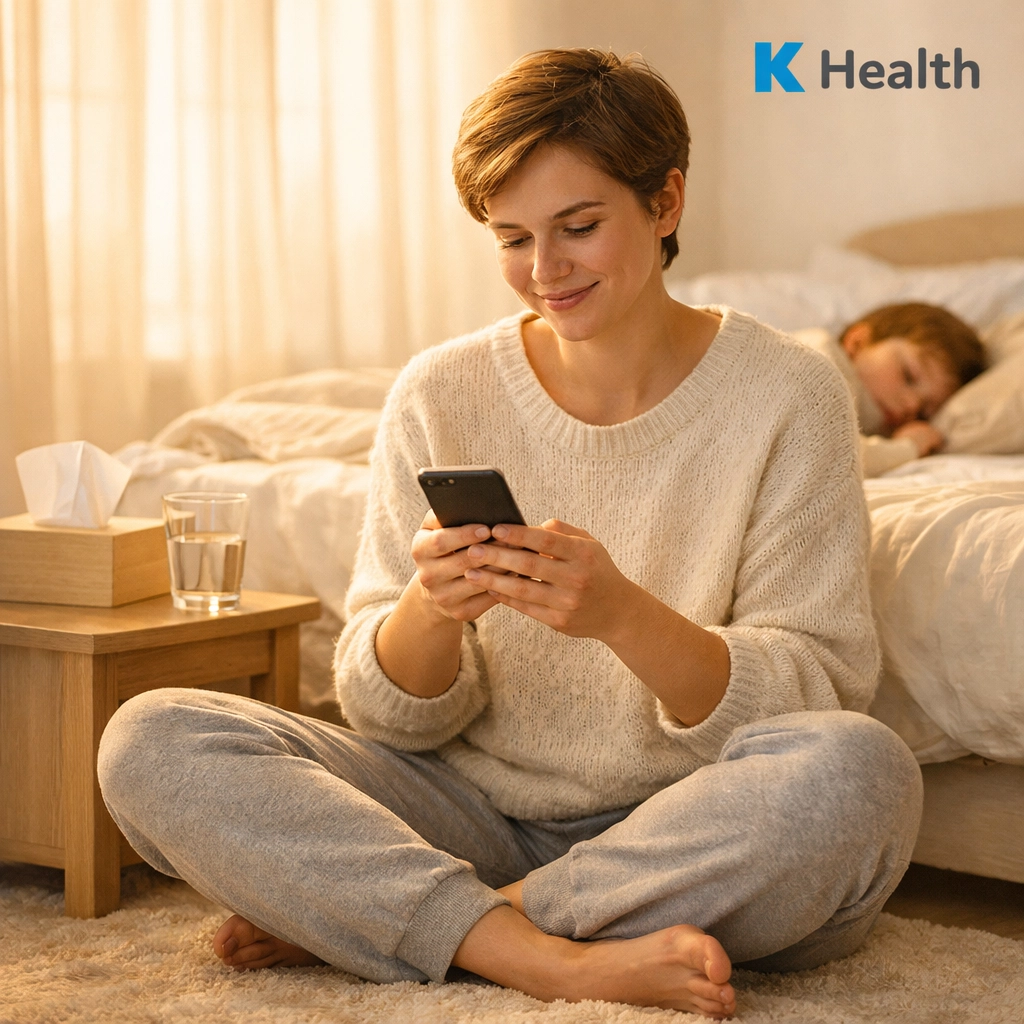 Parent accessing 24/7 online doctor consultation from home while child rests