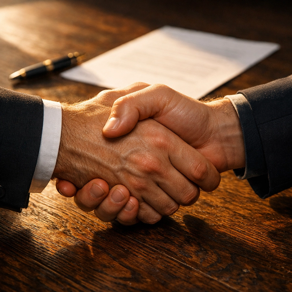 Professional handshake over a written building contract to ensure a clear agreement for home construction.