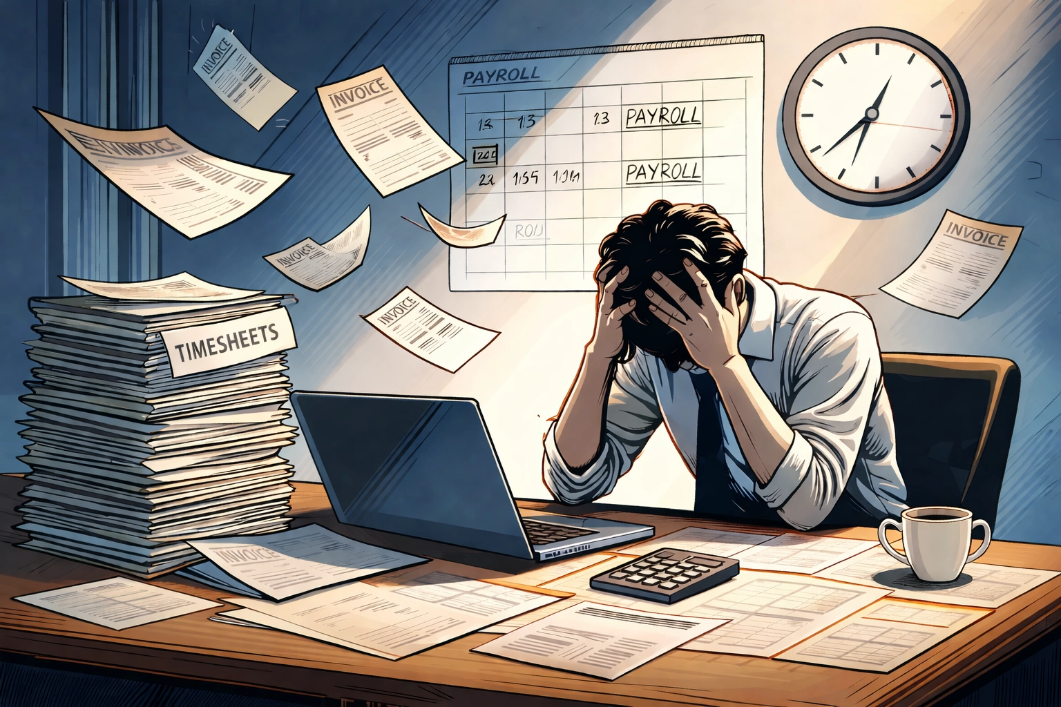 A stressed small business owner surrounded by payroll documents and urgent invoices, illustrating payroll cash flow challenges.