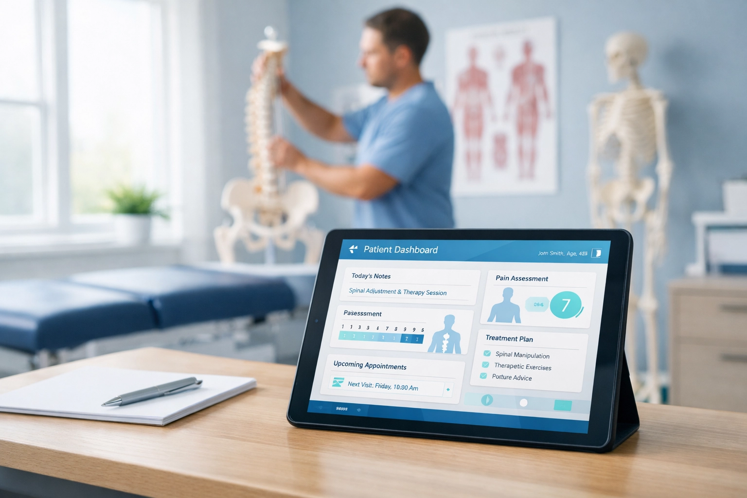 Clinician using an AI SOAP note generator on a tablet to ensure 99% Medicare compliance.
