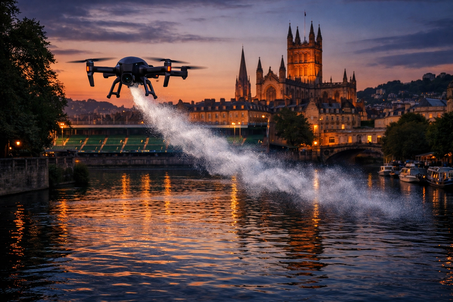 Aerial ashes scattering ceremony over the River Avon overlooking Bath Rugby's The Rec stadium at sunset.