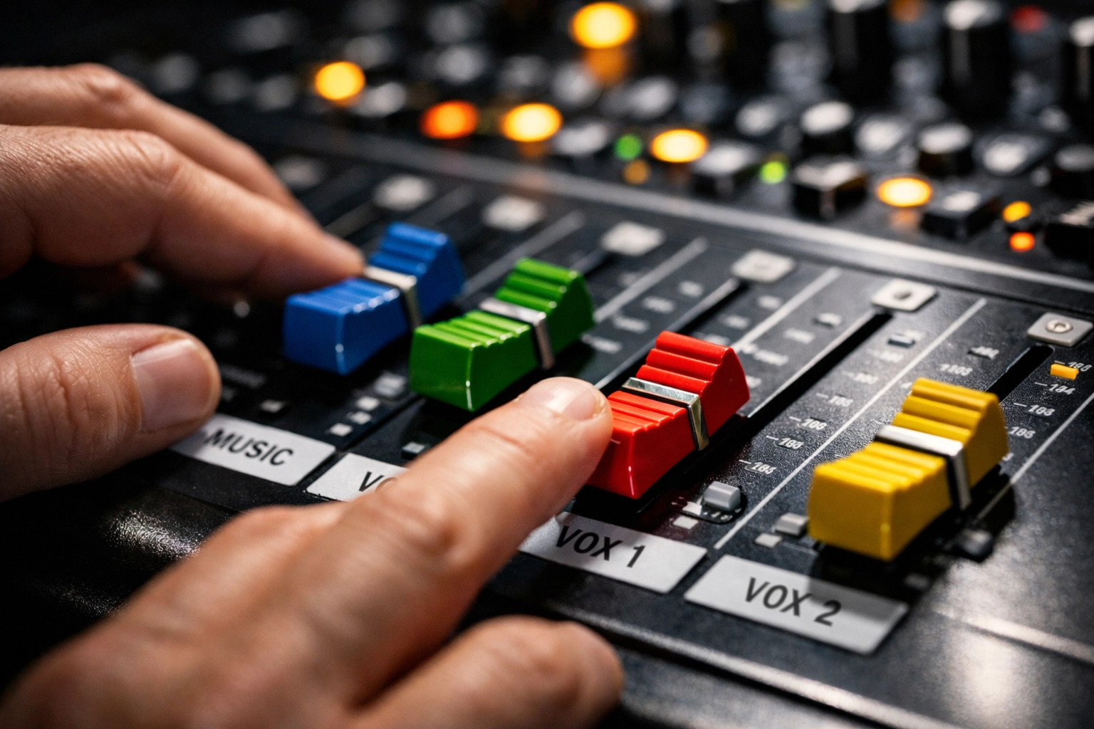 Volunteer hands adjusting labeled soundboard faders during AV system training