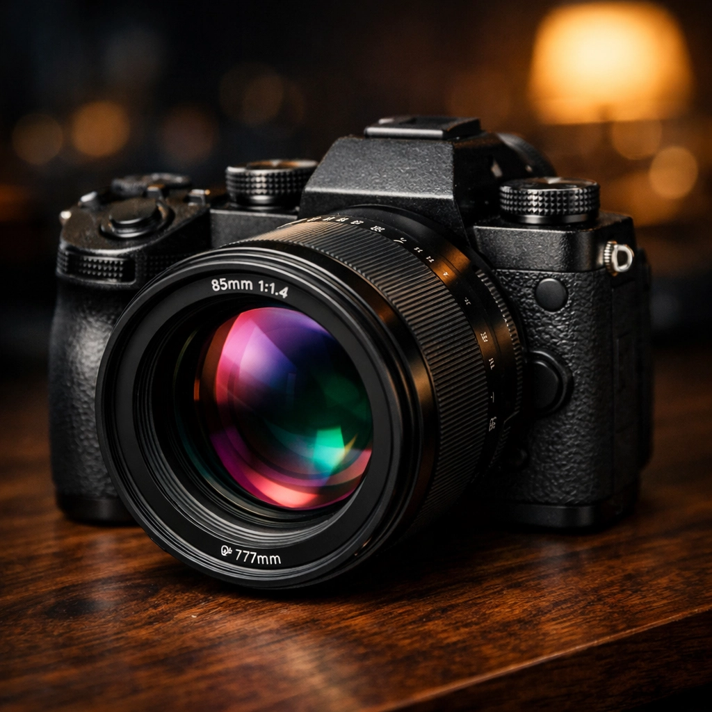 Professional mirrorless camera and prime lens, essential gear featured in our photography tutorials.