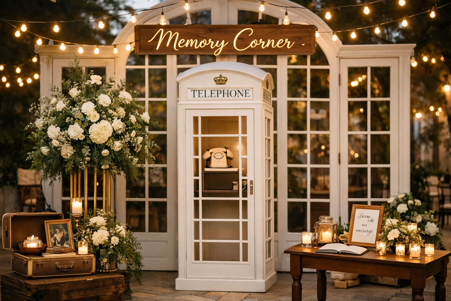 A stylish wedding memory corner featuring a vintage telephone booth and elegant backdrop rental setup.