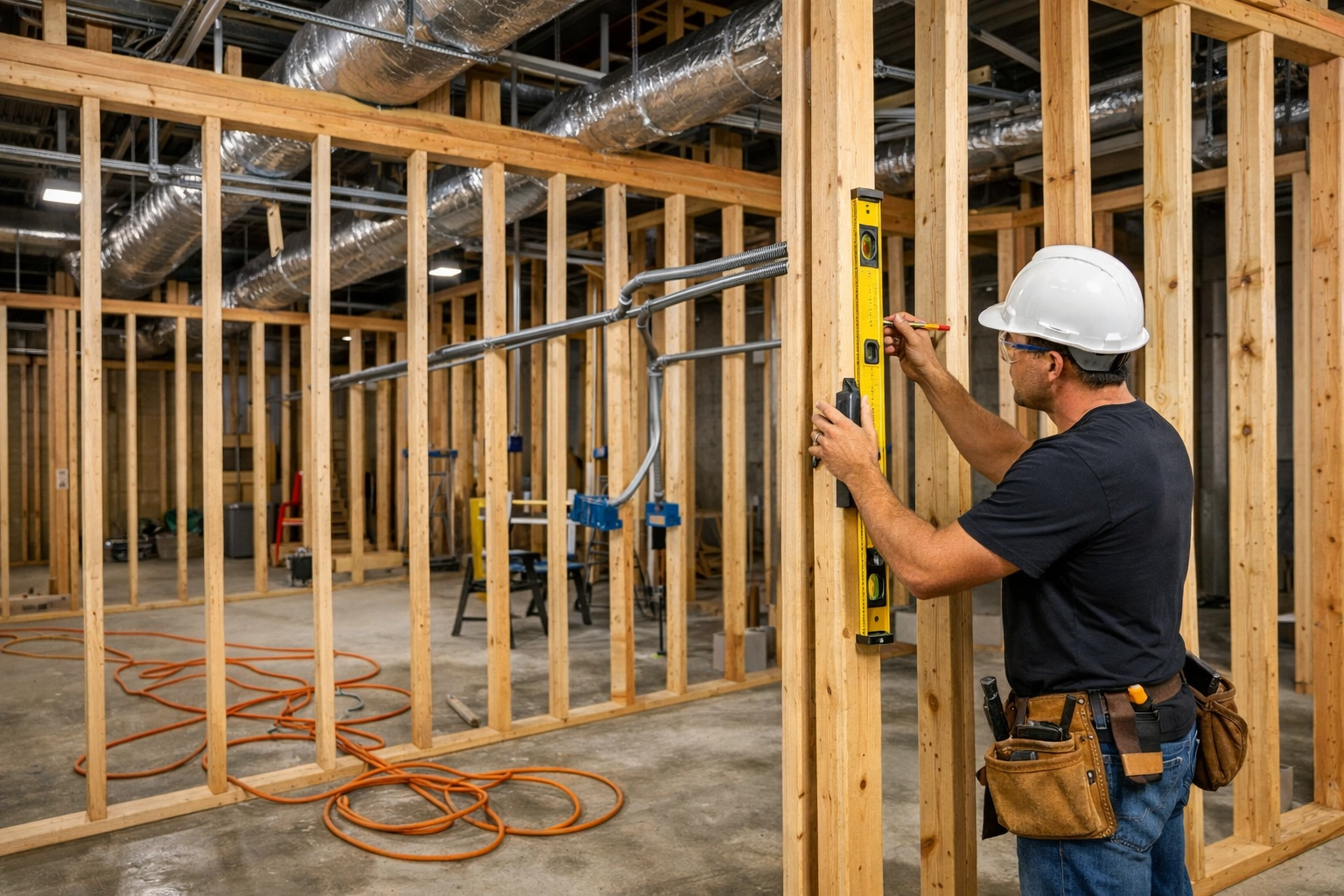 Commercial upfit framing stage showing wall studs and electrical work in progress