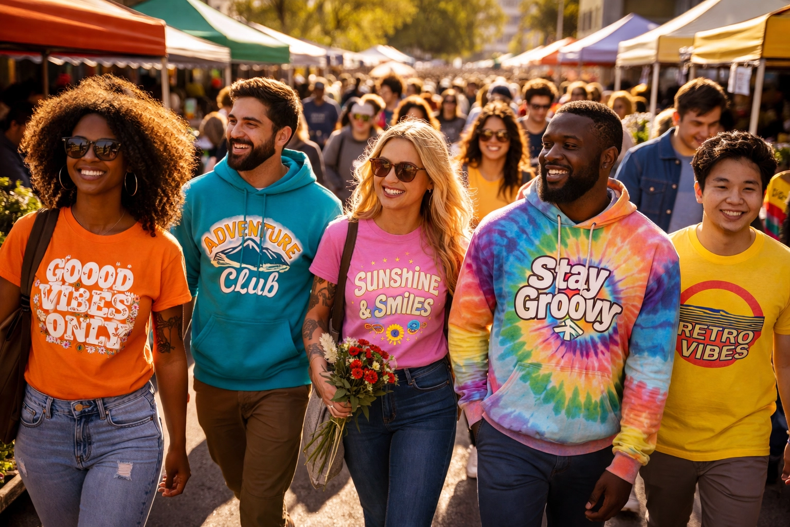 A group of people at a bustling farmers market wear colorful custom printed t-shirts, showing branded apparel in everyday settings.