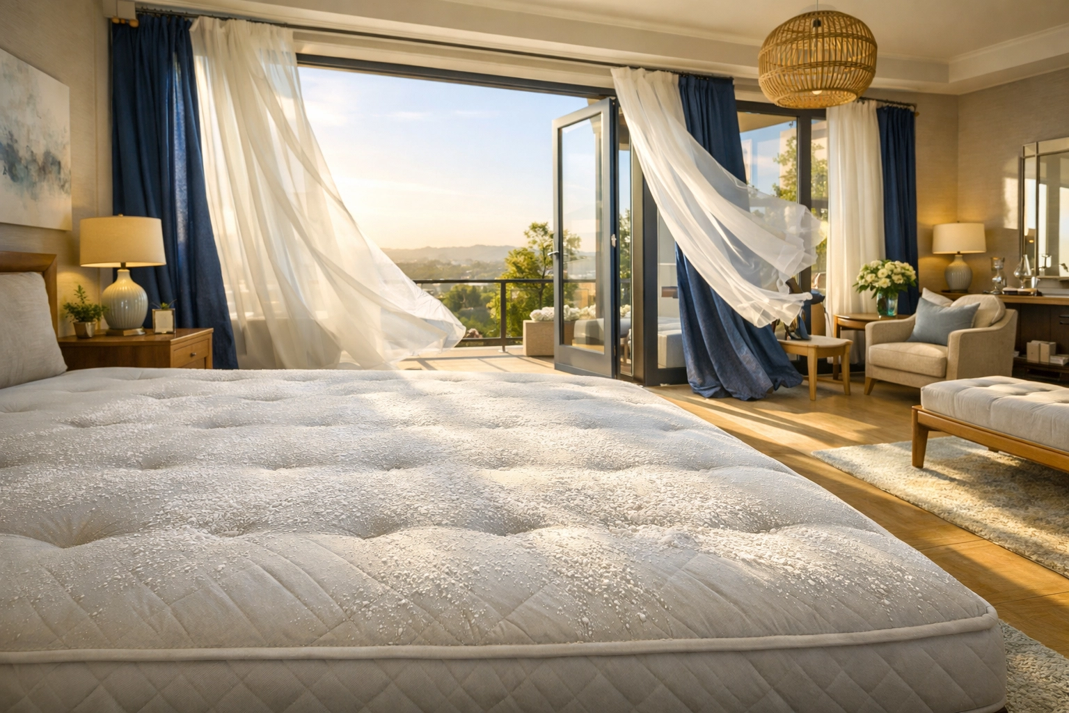 Deodorizing a mattress by letting baking soda sit to absorb odors in a bright master bedroom.