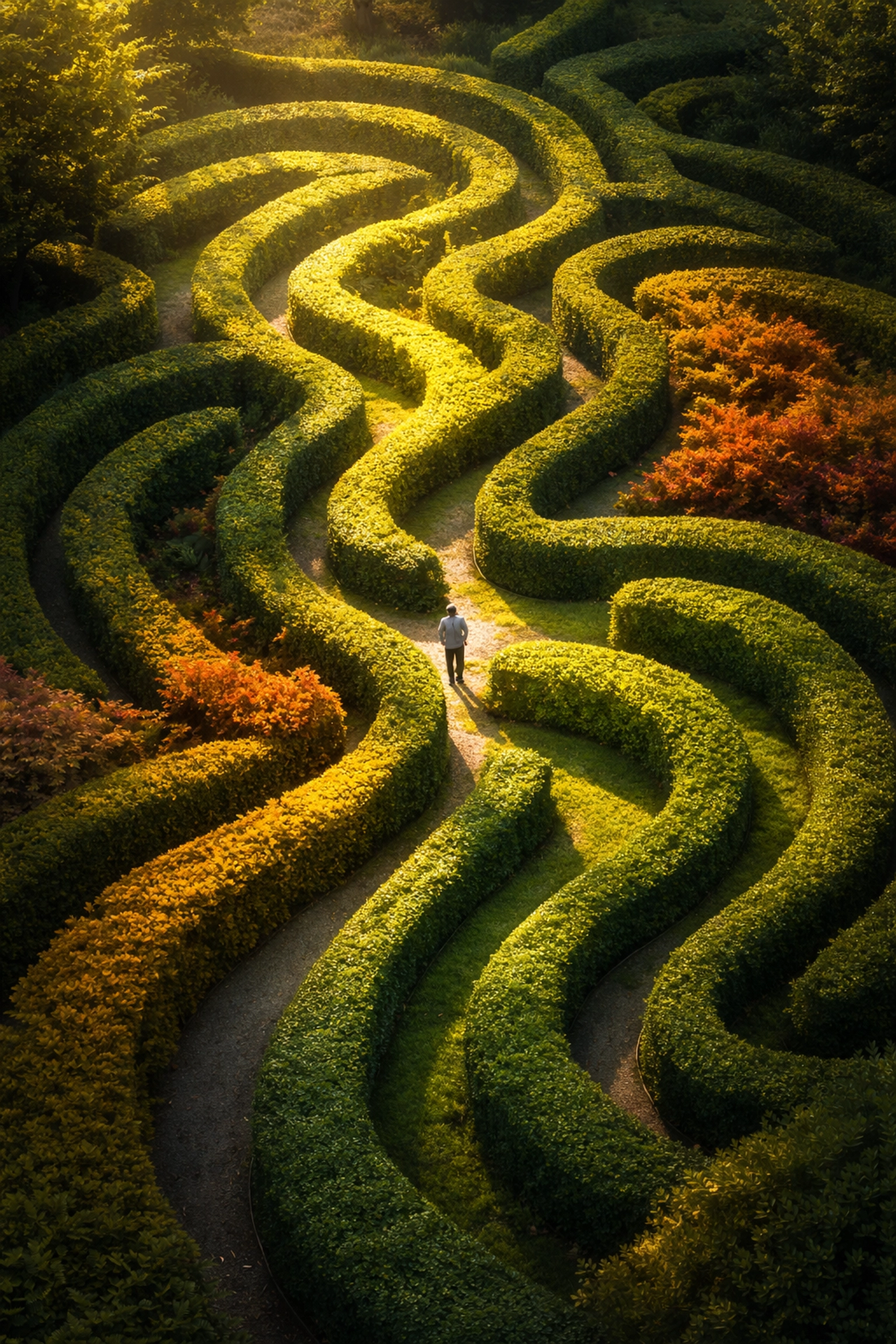 Aerial view of a maze-like garden representing strategic portfolio vintage diversification for long-term planning.