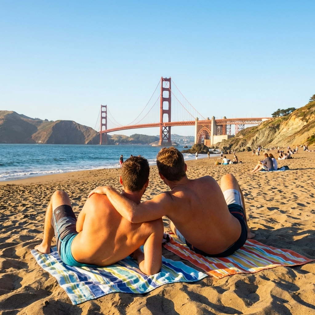 Gay couple sunbathing at Baker Beach with Golden Gate Bridge view, San Francisco clothing-optional beach