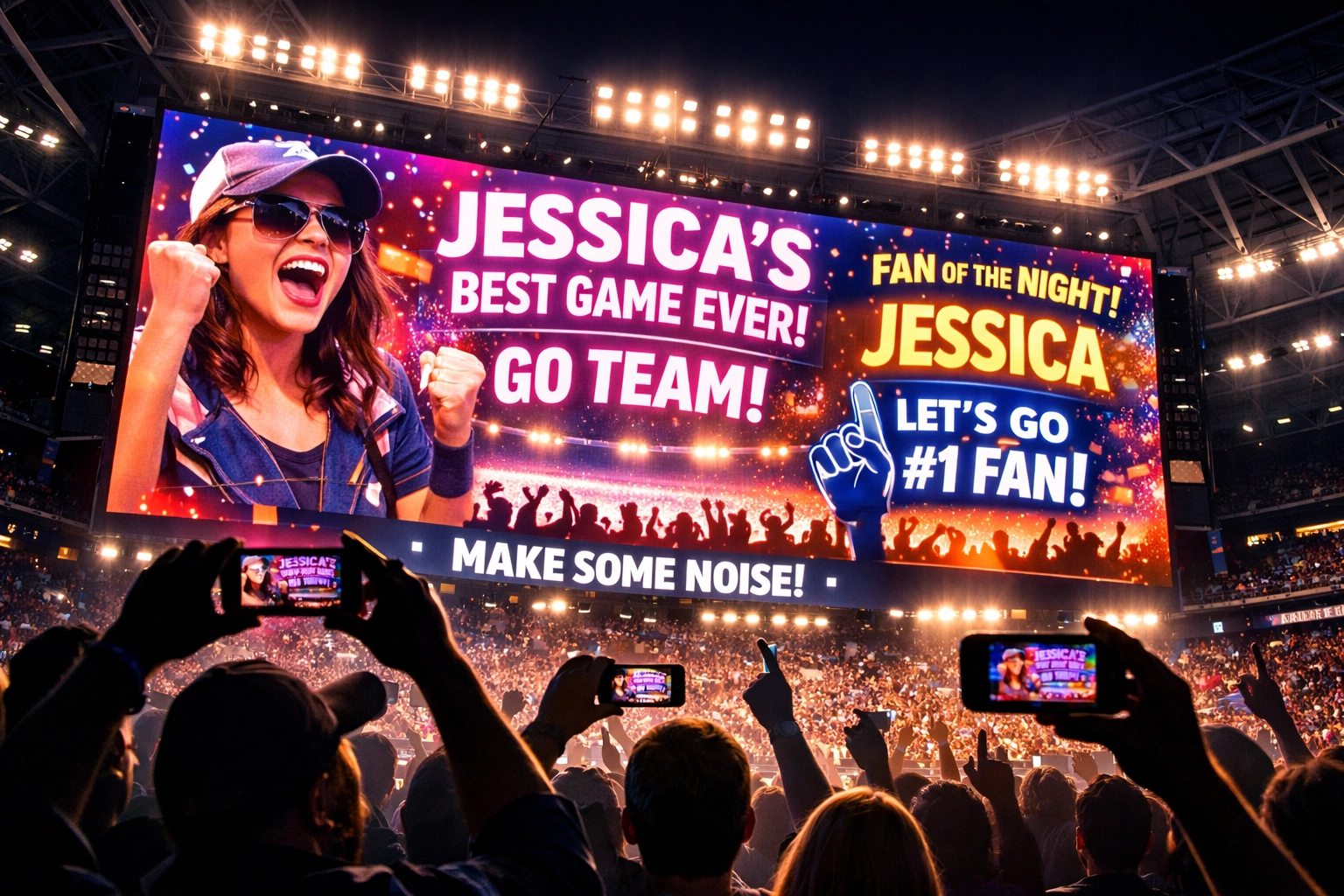 Stadium jumbotron displaying personalized fan content at Super Bowl 2026 with engaged crowd
