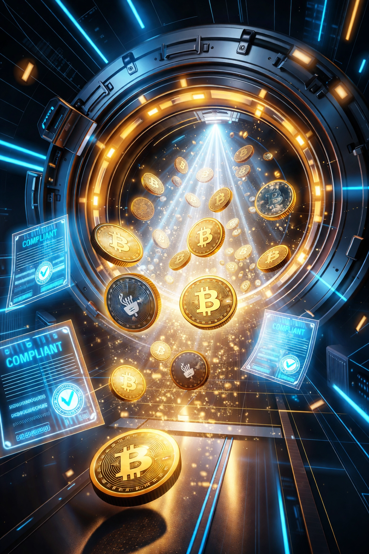 Digital vault opening to release cryptocurrency coins, highlighting Larecoin self-custody and compliance benefits