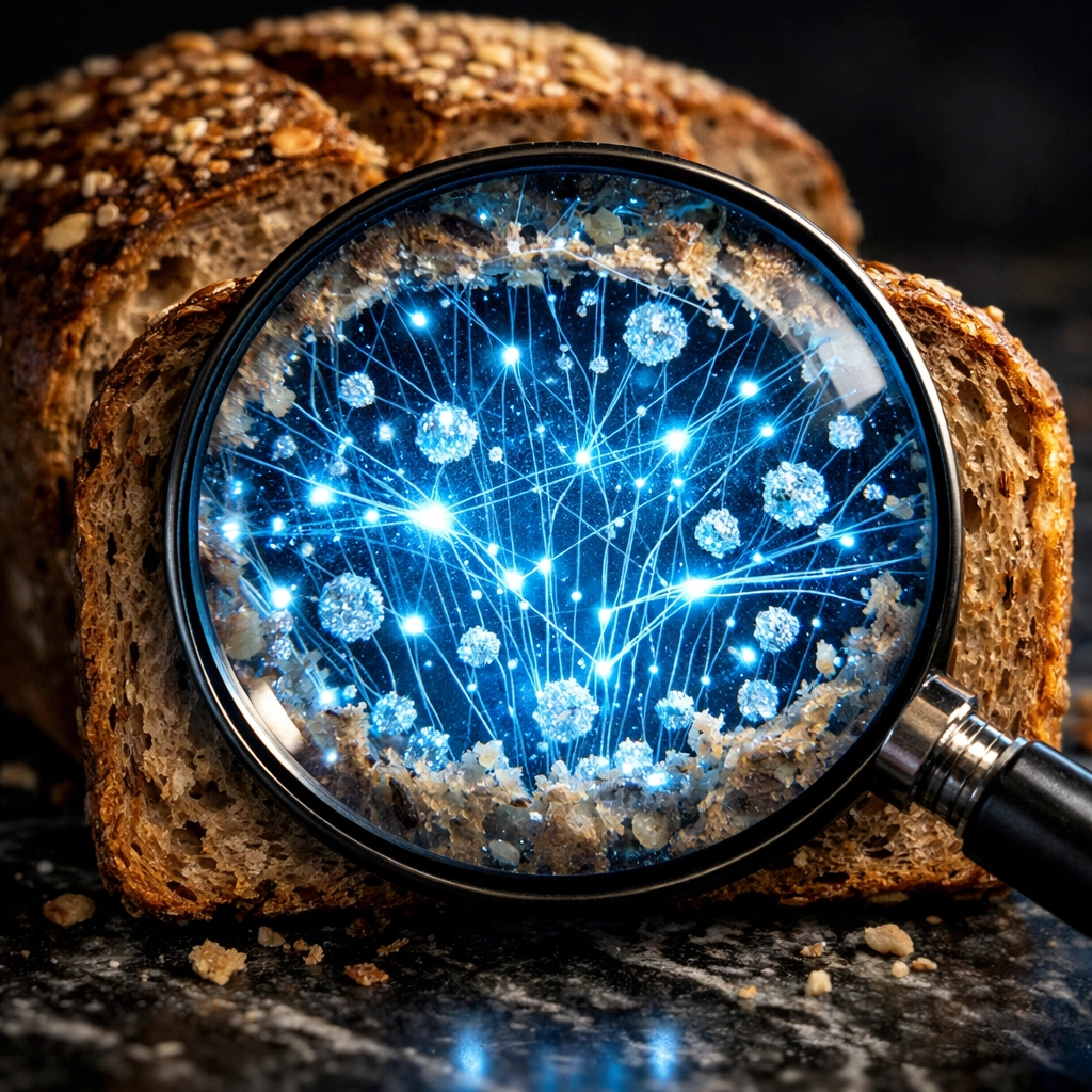 Magnifying glass revealing hidden industrial additives inside a seemingly natural loaf of processed bread.