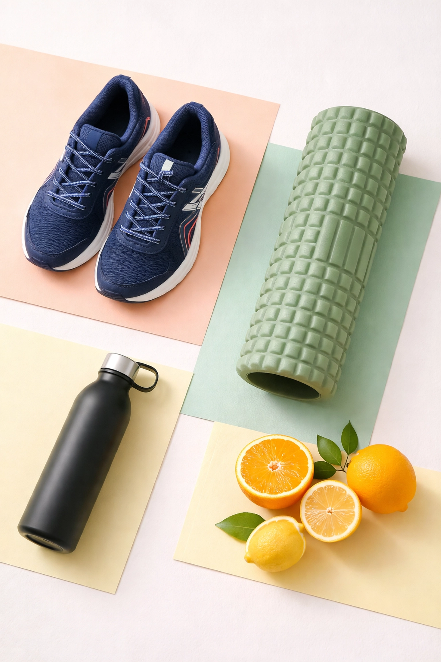 Flat lay of running shoes, foam roller, water bottle, and fruit, highlighting essential recovery tools for 5km runners