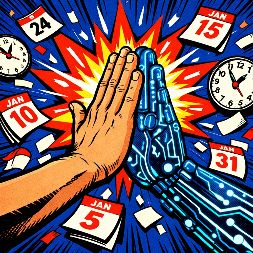 Business owner high-fiving a robot hand representing successful AI workflow automation.