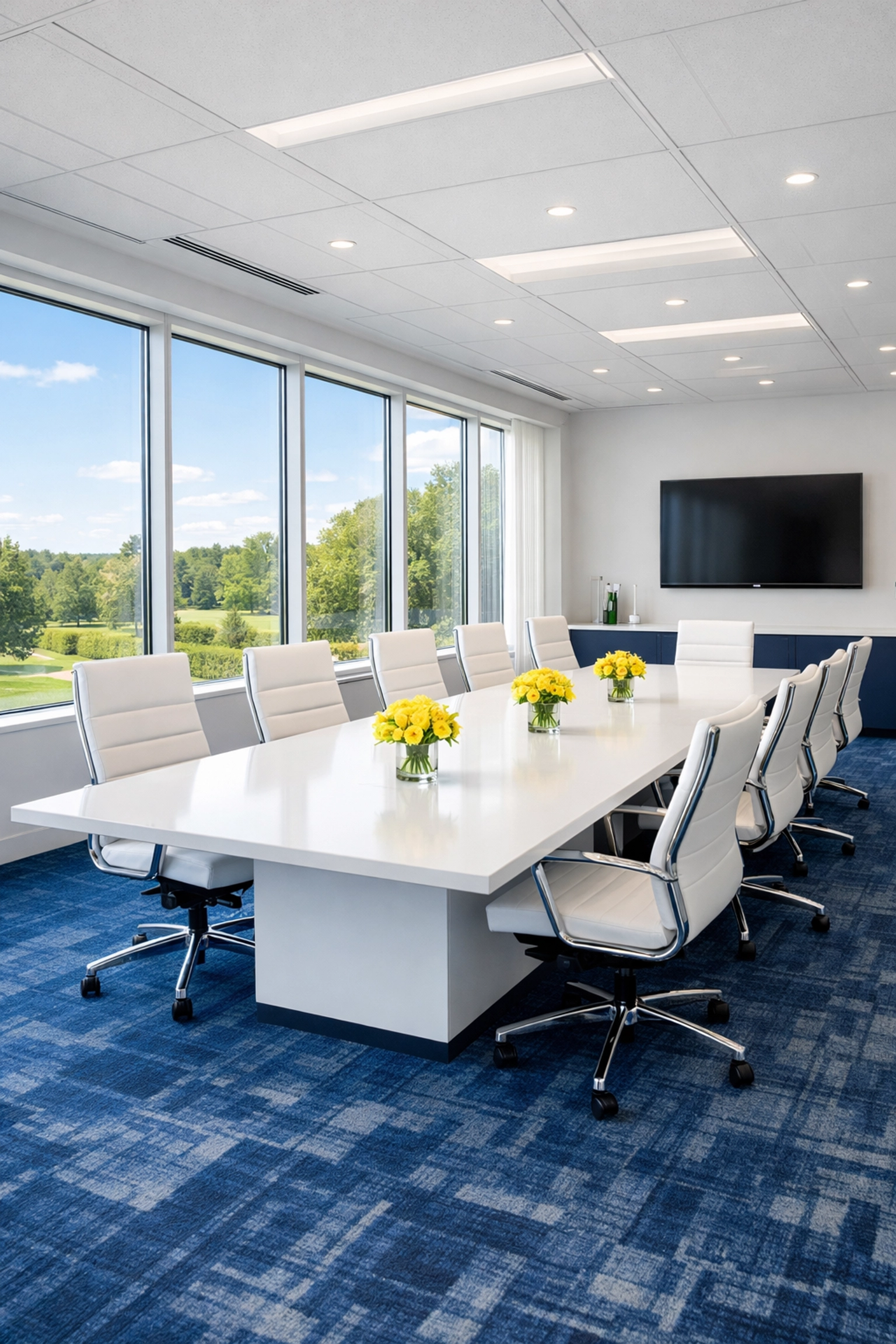 Sunlit executive conference room with streak-free windows maintained by Randolph commercial cleaning experts.