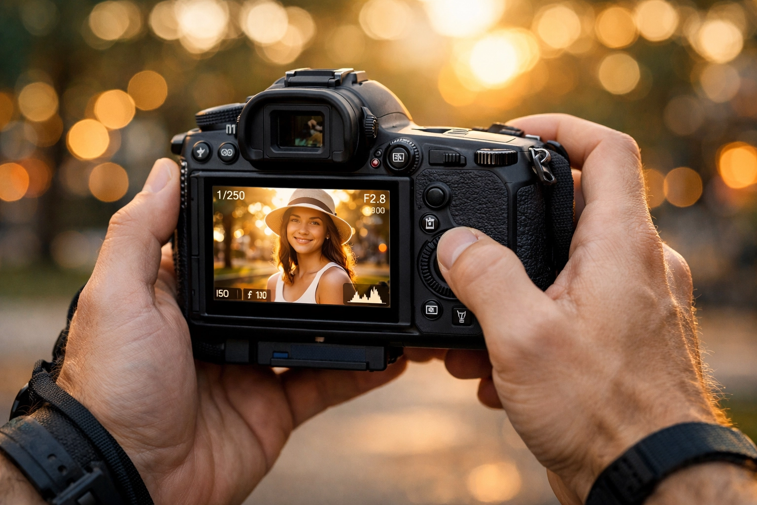 Detailed close-up of a high-res portrait on a professional camera screen for a freelancer portfolio.