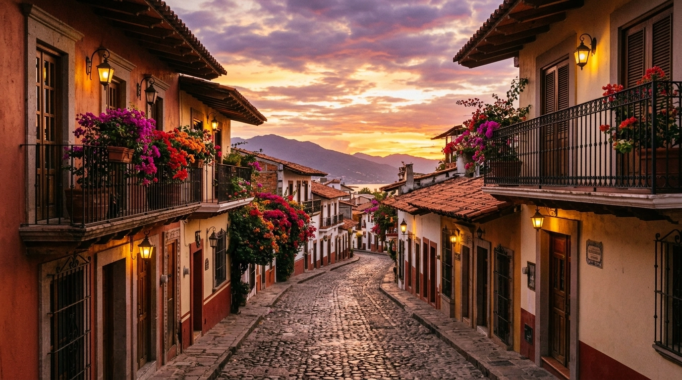 Cobblestone street in Old Town at sunset