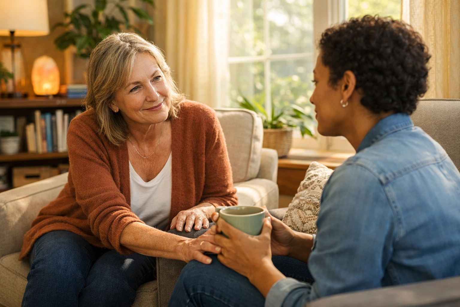 Supportive crisis counseling session in a peaceful New Jersey community room for families seeking help.