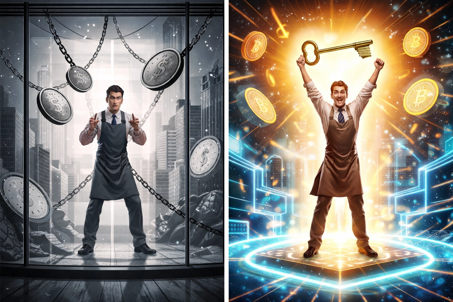 Split image of a merchant chained by traditional systems and liberated by blockchain, illustrating crypto payment freedom.