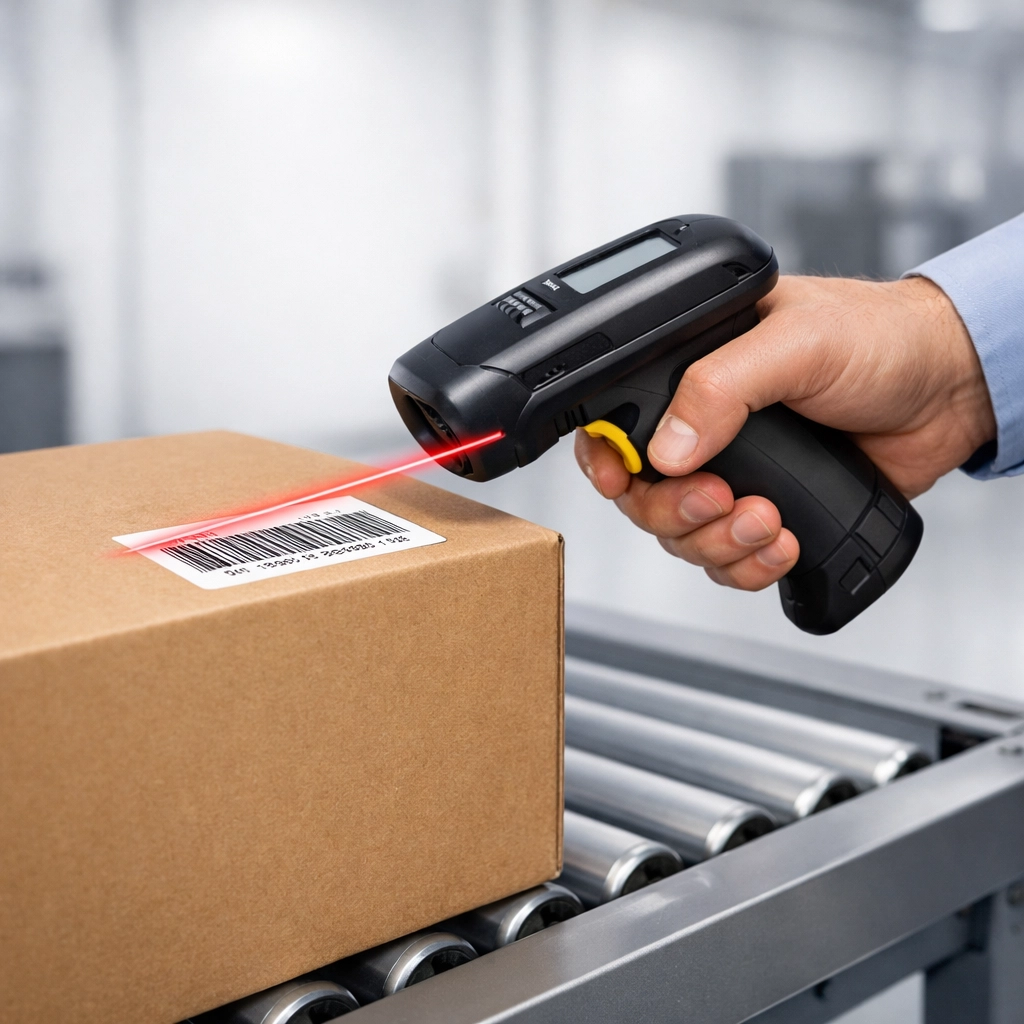 Barcode scanning a package for accurate logistics in retail and inventory tracking.