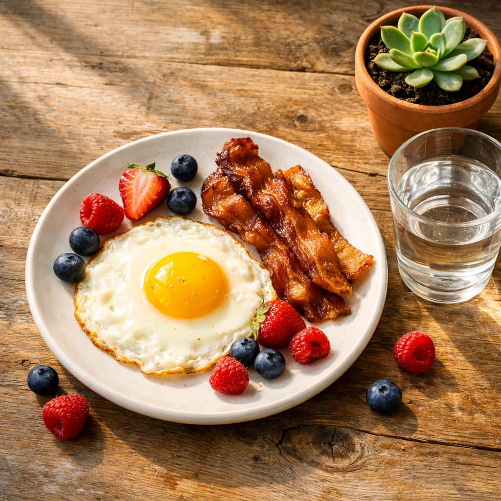 Protein-rich breakfast with eggs and bacon for blood sugar stability