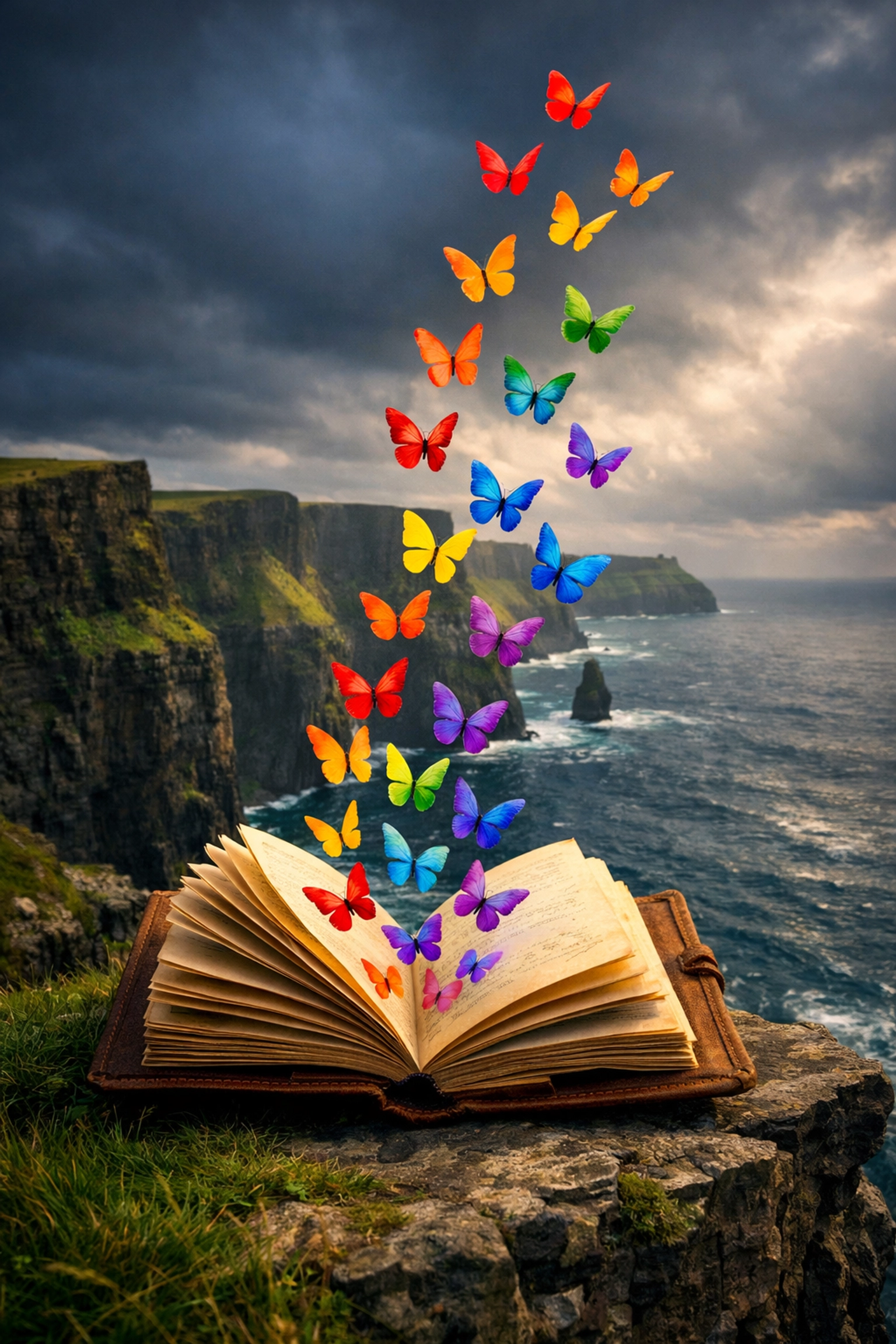 Open journal with rainbow butterflies over Irish cliffs symbolizing LGBTQ+ liberation and hope