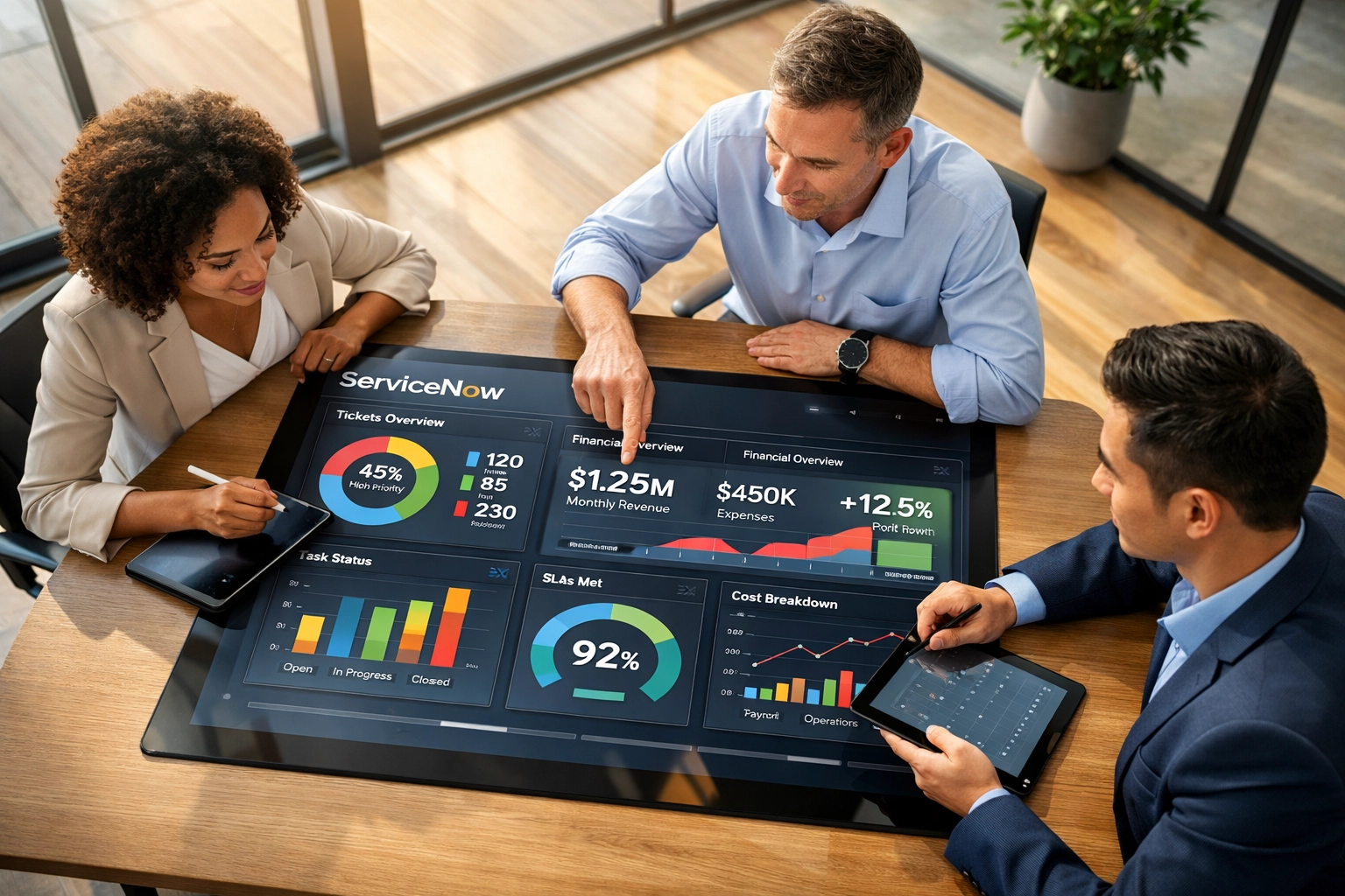 Business team analyzing ServiceNow implementation ROI metrics and operational dashboards