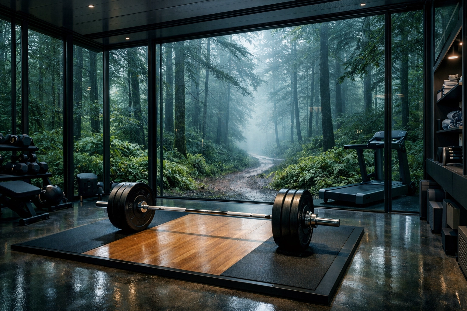 A modern home gym with lifting equipment next to a forest trail for hybrid strength and endurance work.