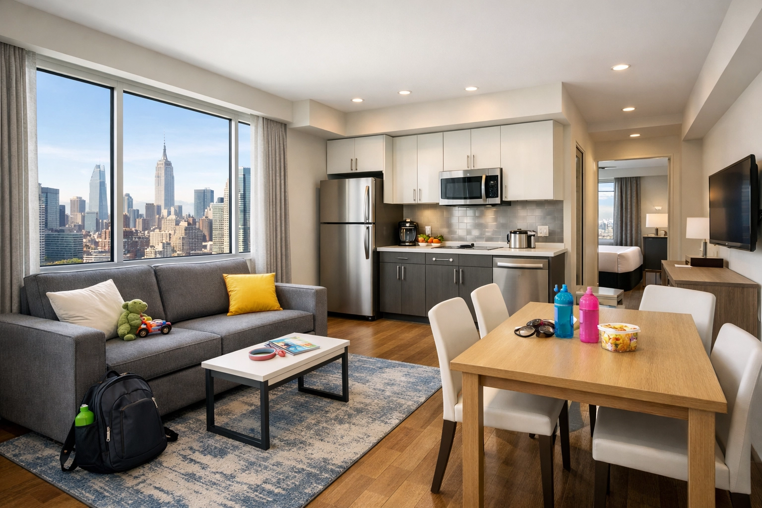 Modern NYC hotel suite for families featuring kitchenette and separate living space