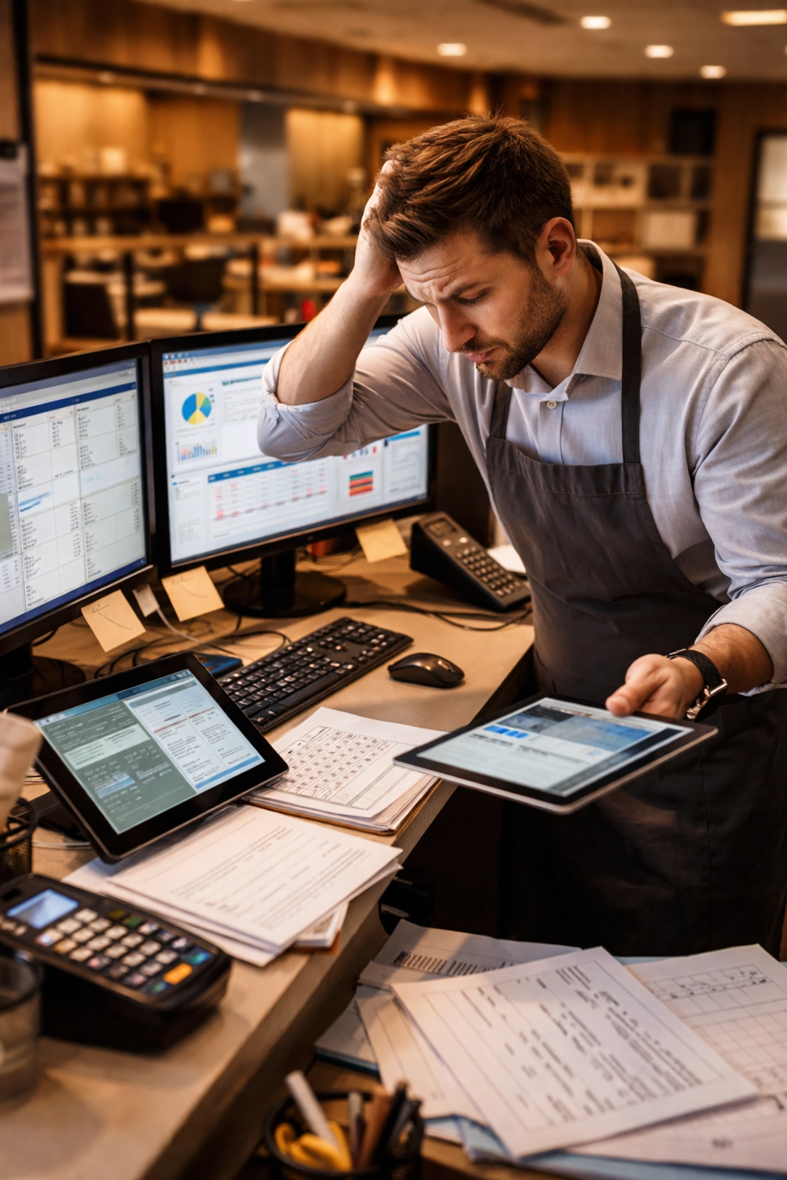 Restaurant manager overwhelmed by multiple disconnected software systems on various screens