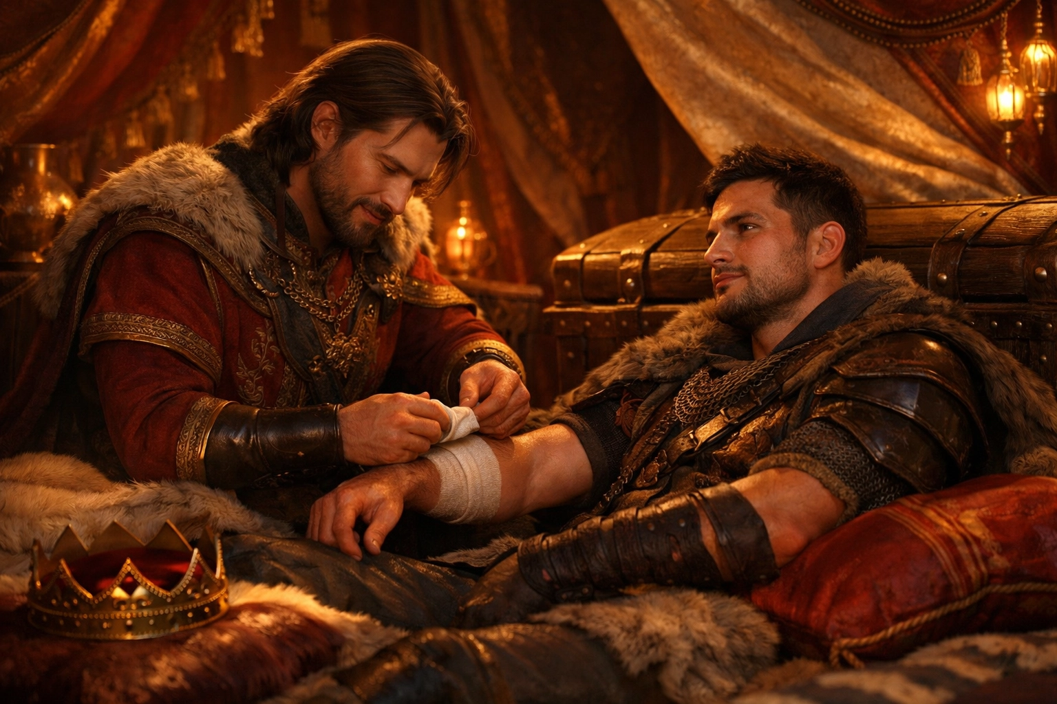 A king bandaging his bodyguard's arm in a royal tent, capturing a classic hurt-comfort mm trope.