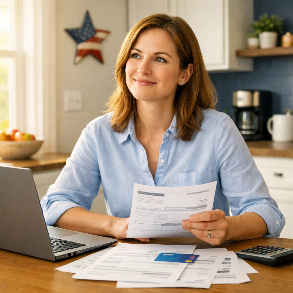 Woman reviewing credit card statements and bills to fix late payment issues